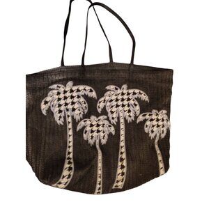 Vera Bradley Black Straw Beach Bag Tote, Black White Houndstooth Palm Trees